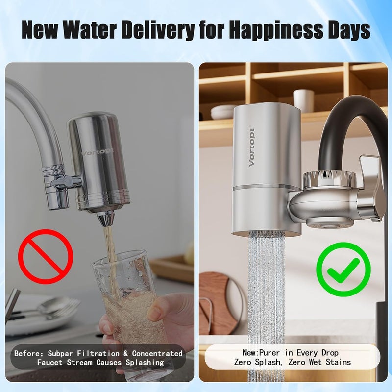 Vortopt Faucet Filter, NSF Certified, 400 Gallon High Efficiency Water Purification System, Fast 99% Chlorine & Odor Removal, Modern Simple Silver with 1 Water Filter（T1-Silver） - Image 3